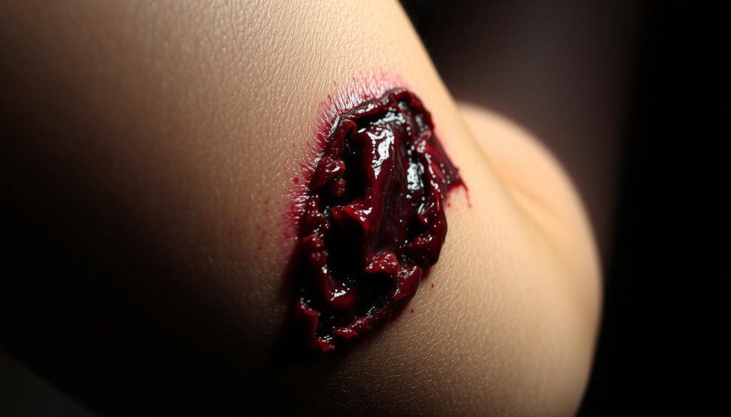 A close-up view of a deep, gashed wound on a person's arm, oozing blood and bruised flesh. The wound appears fresh, with torn skin and ragged edges. The lighting is dramatic, casting sharp shadows that accentuate the raw, anguished nature of the injury. The background is blurred, keeping the focus solely on the visceral, almost tangible pain of the "herida de traición". The image conveys a sense of betrayal, vulnerability, and the lasting impact of emotional wounds.