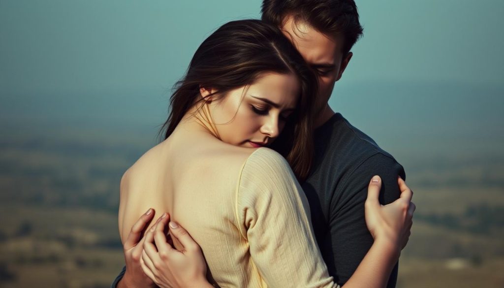 A couple embracing tenderly, their bodies intertwined, yet their expressions show a deep sense of longing and unease. The woman's face is turned away, her eyes downcast, while the man gazes at her with a mixture of concern and uncertainty. The lighting is soft and muted, casting shadows that accentuate the emotional weight of the scene. The background is a hazy, dreamlike landscape, conveying a sense of isolation and disconnect from the outside world. The composition draws the viewer's attention to the complex dynamic between the two figures, evoking the complexity of a relationship scarred by the wounds of abandonment.