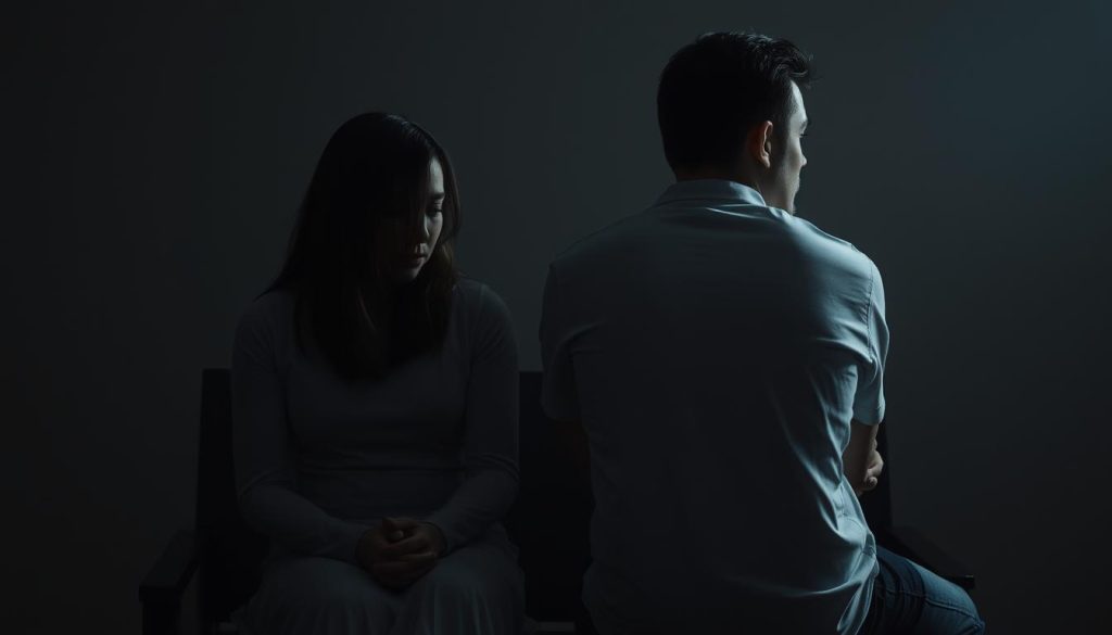 A couple sits alone in a dimly lit room, their bodies language conveying a sense of isolation and emotional distance. The woman's head is downcast, her hands clasped tightly in her lap, while the man turns away, his gaze averted. Muted colors and soft, hazy lighting create an atmosphere of melancholy and unresolved tension. The scene suggests the lingering effects of past abandonment, a wound that has not fully healed, and its impact on the couple's relationship. The image evokes a palpable sense of vulnerability and the struggle to reconnect amidst the scars of a painful past.