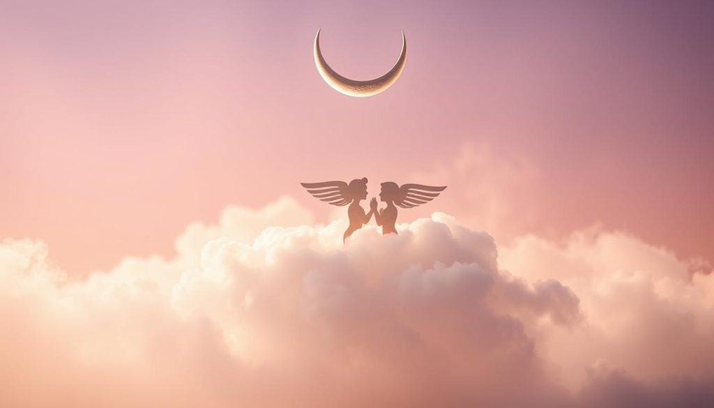 A crescent moon hovering above an airy, cloud-like Gemini symbol. The symbol features twin figures intertwined, their gestures expressive and communicative. Soft, warm lighting illuminates the scene, creating a sense of ethereal tranquility. The background is a dreamy, pastel-hued gradient, evoking the emotional nature of the lunar Gemini archetype. The overall composition conveys a sense of duality, adaptability, and the fluidity of emotions associated with this lunar sign.