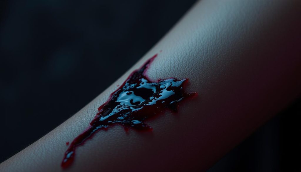 A detailed close-up of a deep gash on a human arm, the skin reddened and inflamed, oozing with a viscous liquid. The wound appears raw and painful, a stark symbol of betrayal and emotional turmoil. A somber, muted color palette with hints of purple and blue sets a melancholic tone. Soft, directional lighting casts dramatic shadows, emphasizing the depth and severity of the injury. The composition places the wound prominently in the center, filling the frame and commanding the viewer's attention. The background is slightly blurred, keeping the focus on the damaged, vulnerable flesh - a tangible representation of the personal, internal anguish caused by a breach of trust.