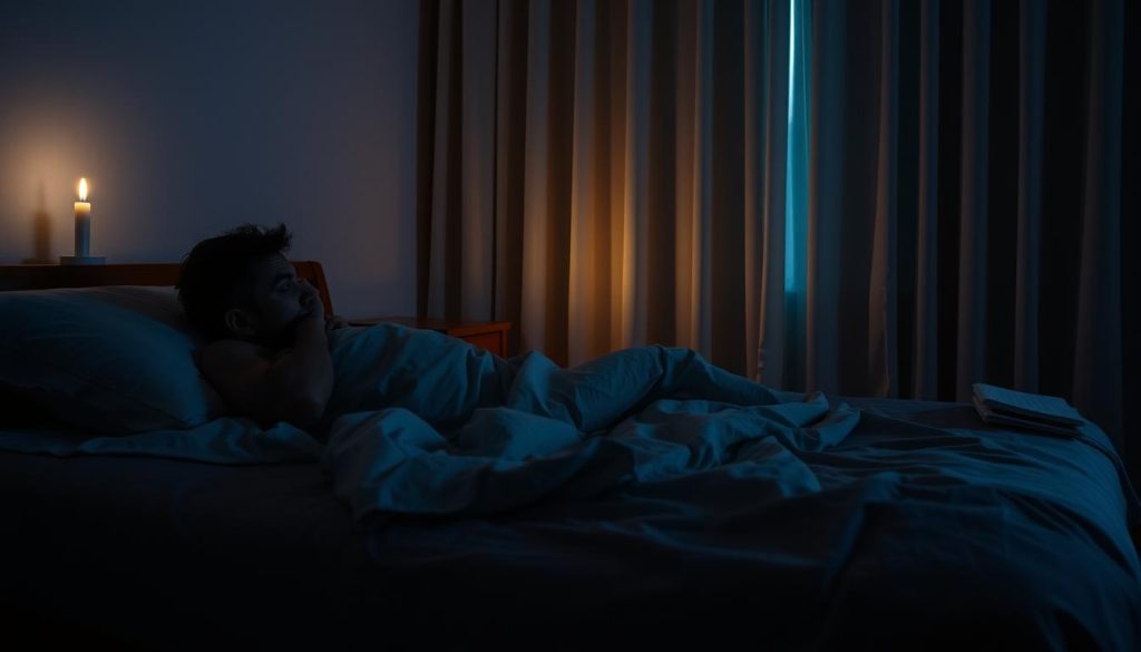 A dimly lit bedroom, bathed in a soft, warm glow. In the foreground, a figure lies on the bed, their body language conveying a sense of exhaustion and emotional strain. The mattress appears rumpled, the sheets in disarray, reflecting the restlessness and lack of restful sleep. The middle ground features a nightstand with a single, flickering candle, casting long shadows across the room. In the background, the curtains are drawn, blocking out the outside world, creating a sense of isolation and introspection. The overall atmosphere is one of fatigue, both physical and mental, with the warm lighting and muted tones adding a melancholic, introspective mood. A dimly lit bedroom, bathed in a soft, warm glow. In the foreground, a figure lies on the bed, their body language conveying a sense of exhaustion and emotional strain. The mattress appears rumpled, the sheets in disarray, reflecting the restlessness and lack of restful sleep. The middle ground features a nightstand with a single, flickering candle, casting long shadows across the room. In the background, the curtains are drawn, blocking out the outside world, creating a sense of isolation and introspection. The overall atmosphere is one of fatigue, both physical and mental, with the warm lighting and muted tones adding a melancholic, introspective mood.