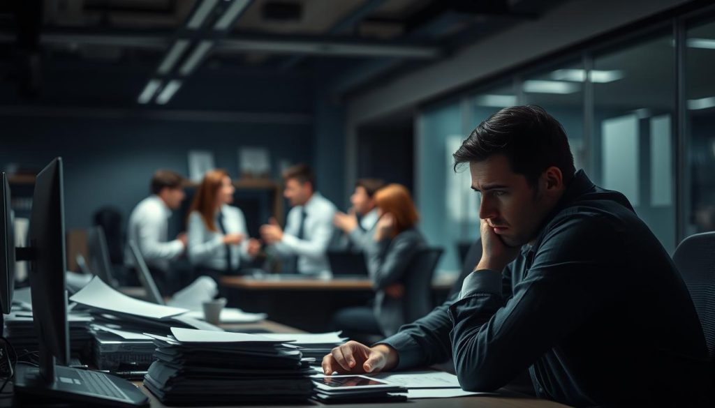 A dimly lit corporate office space, the atmosphere heavy with tension and exhaustion. In the foreground, a stressed employee hunched over a desk, surrounded by a clutter of papers and a laptop, their expression one of overwhelm. In the middle ground, a group of co-workers engaged in tense discussions, gesturing animatedly. The background is blurred, hinting at the demands and pressures of the modern workplace. Soft, directional lighting casts dramatic shadows, conveying the weight of the "burnout" experience. The overall scene evokes a sense of the relentless, overwhelming nature of the causes of burnout in the contemporary work environment.