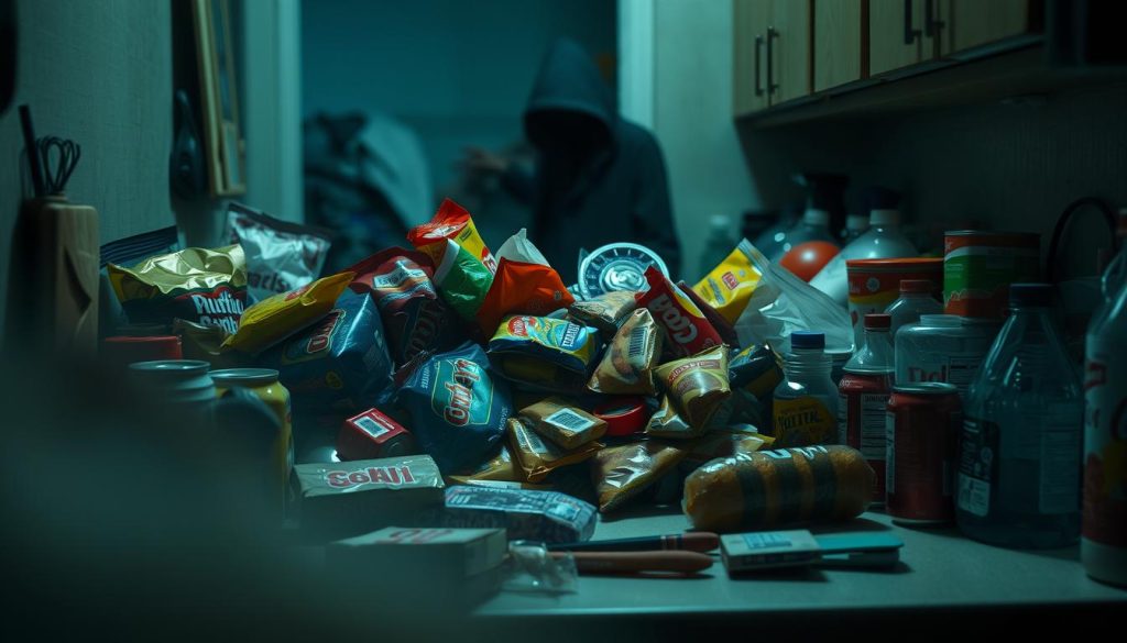 A dimly lit kitchen counter, littered with processed snacks, greasy fast food, and sugary beverages. In the foreground, a hazy filter casts a sense of lethargy and mental fog. The middle ground features a disorganized jumble of unhealthy options, their vibrant colors muted and lifeless. In the background, a shadowy figure lurks, representing the draining, energy-zapping nature of these foods. The scene evokes a feeling of sluggishness and depletion, a stark contrast to the vibrant, nourishing foods that should fill a clean, well-lit kitchen.