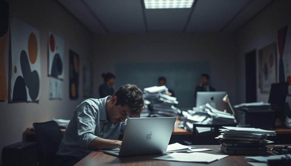 A dimly lit office space, the walls adorned with abstract shapes and muted colors. In the foreground, a weary-looking person sits hunched over a desk, laptop open and papers scattered around. Shadows cast over their face, conveying a sense of exhaustion and burnout. In the middle ground, a looming pile of unfinished work and a cluttered workspace, symbolizing the overwhelming demands and pressures. The background is hazy, with blurred figures of co-workers, subtly suggesting the isolating nature of burnout. The lighting is soft and moody, creating an atmosphere of unease and stress. The overall scene evokes a palpable feeling of the causes and consequences of burnout, setting the stage for the article's section on effective strategies to combat this silent epidemic.