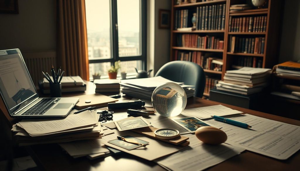 A dimly lit office space, with a desk cluttered with papers, pens, and a laptop. On the desk, a jumbled assortment of items representing common intuitive signals - a crystal ball, a tarot card, a compass, and a palm-sized gemstone. The lighting is warm and muted, casting shadows and creating a sense of introspection. In the background, a bookshelf filled with esoteric tomes and a window overlooking a cityscape, suggesting the contrast between logic and intuition. The overall mood is one of contemplation, with the viewer invited to ponder the subtle and sometimes misleading nature of intuitive cues.