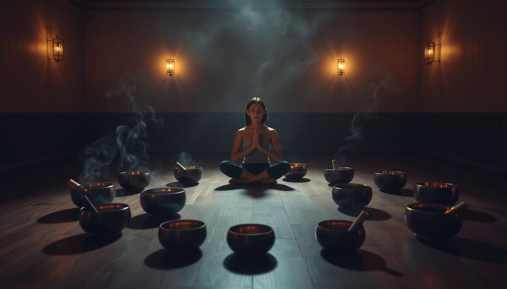 A dimly lit room, serene and tranquil, with Tibetan singing bowls arranged in a circle on a wooden floor. Soft, warm lighting illuminates the scene, casting a golden glow. Thin wisps of fragrant incense drift through the air, creating an atmosphere of calm and introspection. In the center, a person sits cross-legged, hands resting gently on their lap, as they focus on the vibrations of the singing bowls, their energy flowing and aligning with the restorative sounds. The room is void of any distractions, allowing the viewer to fully immerse themselves in the peaceful cleansing ritual.