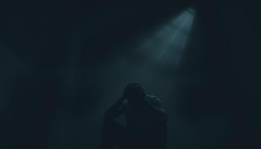 A dimly lit room, the air thick with tension. In the foreground, a figure sits hunched over, grasping their head, the weight of mental anguish etched on their face. Shadows loom in the background, casting an ominous presence. Shafts of pale, diffused light pierce through the gloom, creating a sense of unease and uncertainty. The scene evokes a palpable sense of anxiety, mirroring the unsettling influence of Mercury in retrograde. Muted tones and a heavy, brooding atmosphere permeate the frame, capturing the mental turmoil and cognitive overload experienced during this astrological phenomenon.