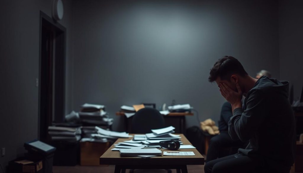A dimly lit room, the walls a muted gray, casting a somber atmosphere. In the foreground, a figure sits hunched, shoulders slumped, hands covering a downcast face, conveying a sense of emotional exhaustion and detachment. The middle ground reveals a cluttered desk, papers and objects strewn about, representing the overwhelming demands and distractions that contribute to the individual's mental fatigue. The background is hazy, out of focus, symbolizing the individual's disconnect from their surroundings, their focus entirely inward. Muted colors, soft lighting, and a sense of solitude permeate the scene, reflecting the emotional apathy and isolation experienced. A dimly lit room, the walls a muted gray, casting a somber atmosphere. In the foreground, a figure sits hunched, shoulders slumped, hands covering a downcast face, conveying a sense of emotional exhaustion and detachment. The middle ground reveals a cluttered desk, papers and objects strewn about, representing the overwhelming demands and distractions that contribute to the individual's mental fatigue. The background is hazy, out of focus, symbolizing the individual's disconnect from their surroundings, their focus entirely inward. Muted colors, soft lighting, and a sense of solitude permeate the scene, reflecting the emotional apathy and isolation experienced.