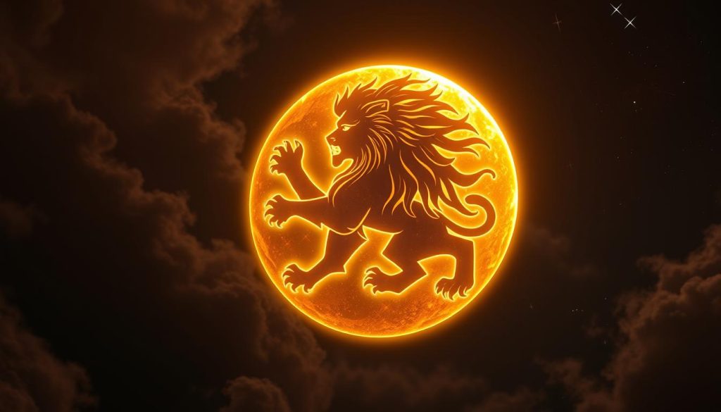 A dramatic lunar sigil in the regal form of a lion, illuminated by a warm, golden glow. The celestial emblem hovers against a rich, velvety backdrop, with swirling clouds of stardust and galaxies in the distance. The lion's mane flows with an ethereal, leonine grace, evoking a sense of powerful emotions and generous spirit. Soft shadows and highlights accentuate the sigil's three-dimensional presence, as if it were a tangible, mystical artifact suspended in the infinite expanse of the night sky.