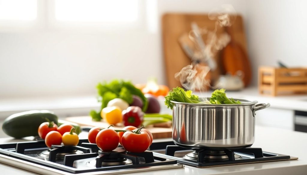 A minimalist kitchen scene showcasing healthy cooking methods. In the foreground, a stainless steel steamer sits atop a gas stovetop, steam gently rising. In the middle ground, an assortment of fresh, vibrant vegetables are neatly arranged on a wooden cutting board, ready for preparation. The background features clean, bright white walls, creating a sense of simplicity and purity. Soft, natural lighting filters in from an unseen window, casting a warm glow over the scene. The overall atmosphere conveys a sense of wellness, efficiency, and the celebration of whole, unprocessed ingredients.