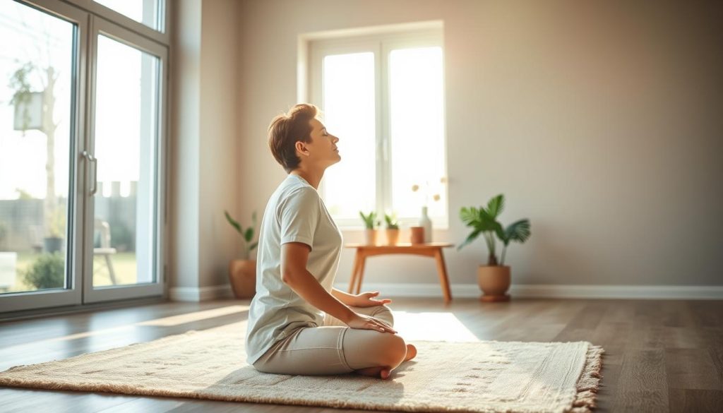 A peaceful morning scene of a person practicing mindful breathing. The foreground depicts a person sitting cross-legged on a soft rug, their eyes closed in deep concentration as they inhale and exhale slowly. Soft natural light filters in through large windows, casting a warm glow on the scene. In the middle ground, potted plants and a simple wooden table add a sense of serenity. The background features muted, neutral-toned walls, conveying a minimalist, calming atmosphere ideal for a morning meditation routine. The overall mood is one of tranquility, focus, and a sense of rejuvenation.