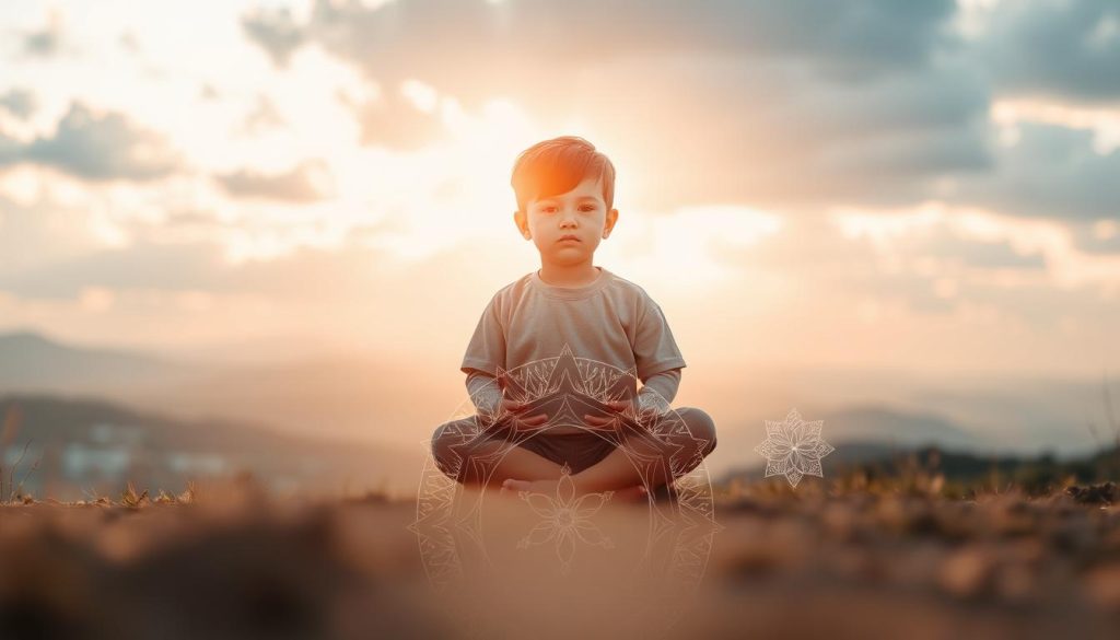 A pensive child sitting cross-legged, their face serene and focused, surrounded by a warm, golden light. In the foreground, soothing waves of energy radiate outward, symbolizing the process of emotional self-regulation. The middle ground features abstract geometric shapes and patterns, representing the internal structure and balance required for this practice. In the background, a tranquil landscape with rolling hills and a softly clouded sky, conveying a sense of peace and inner harmony. Captured with a shallow depth of field, creating a dreamlike, meditative atmosphere.