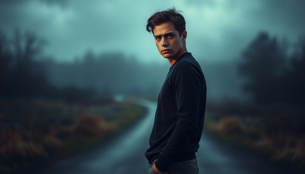 A pensive individual stands at a crossroads, their expression conveying the weight of a difficult decision. The foreground is bathed in a warm, introspective light, while the background blurs into a metaphorical representation of a relationship's end - a shadowy, indistinct landscape symbolizing the uncertainty and complexity of the situation. The subject's pose and body language suggest a moment of contemplation, as they grapple with the signs that it may be time to let go. The overall mood is one of reflection, melancholy, and the recognition that sometimes, the most challenging path forward is also the most necessary.