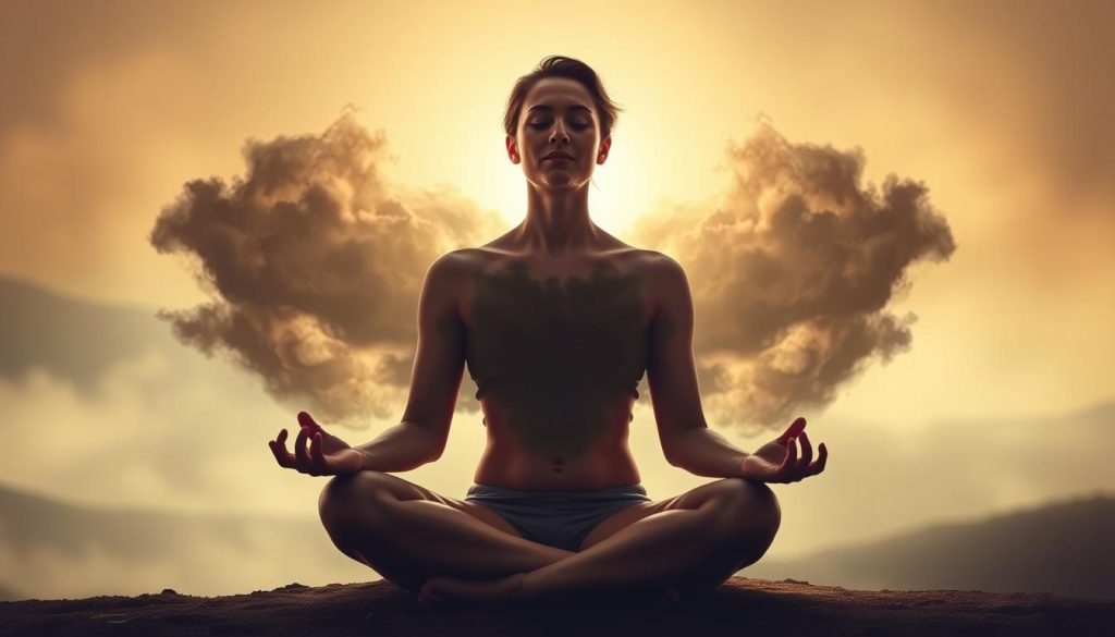 A person sitting in a lotus position, with their eyes closed and a serene expression on their face. Energy blockages are depicted as dark, swirling clouds around their body, obstructing the flow of their aura. The lighting is soft and warm, creating a contemplative atmosphere. The background is a misty, dreamlike landscape, with a sense of tranquility and inner reflection. The image conveys the idea of a person becoming aware of their blocked energy and the need to cleanse and restore their spiritual balance.