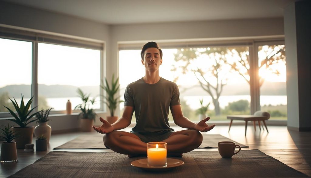 A serene and tranquil scene depicting the integration of spiritual awakening into daily life. In the foreground, a person sits in a meditative pose, eyes closed, radiating a sense of inner peace and presence. The middle ground features a simple, minimalist living space with natural elements such as potted plants, a candle, and a cup of tea, symbolizing the incorporation of spiritual practices into everyday routines. The background showcases a softly lit, outdoor landscape with trees, a calming body of water, and a gentle, golden glow, evoking a sense of harmony and connection with the natural world. The overall atmosphere is one of balance, mindfulness, and the seamless blending of the spiritual and the mundane.