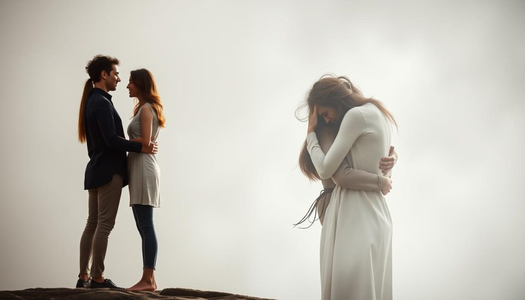 A serene, balanced scene depicting a healthy relationship (relación sana) contrasted with the chaotic, entangled state of a codependent relationship (codependencia). In the foreground, two figures stand together in a calm, open pose, faces turned towards each other in mutual understanding. Soft, natural lighting bathes the scene. In the middle ground, another pair of figures are entwined, their limbs intertwined in a desperate, suffocating embrace, shrouded in a hazy, oppressive atmosphere. The background fades into blurred, muted tones, emphasizing the distinct states of the relationships. The overall composition conveys the clarity and harmony of a healthy bond versus the smothering, turbulent nature of codependency.
