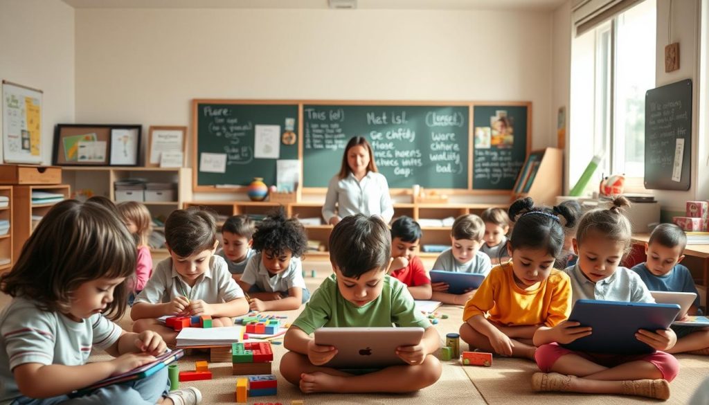 A serene classroom setting, filled with a sense of peace and focus. In the foreground, a group of children engaged in various constructive activities - building blocks, reading books, drawing on tablets. Their expressions radiate calm concentration. In the middle ground, a teacher moves among them, offering gentle guidance and encouragement. The classroom is bathed in soft, natural light filtering through large windows, creating a warm, nurturing atmosphere. The background features educational posters, shelves of learning materials, and a chalkboard displaying simple, positive affirmations. This image conveys a proactive, preventative approach to fostering disciplined, self-directed learning without the need for punitive measures.