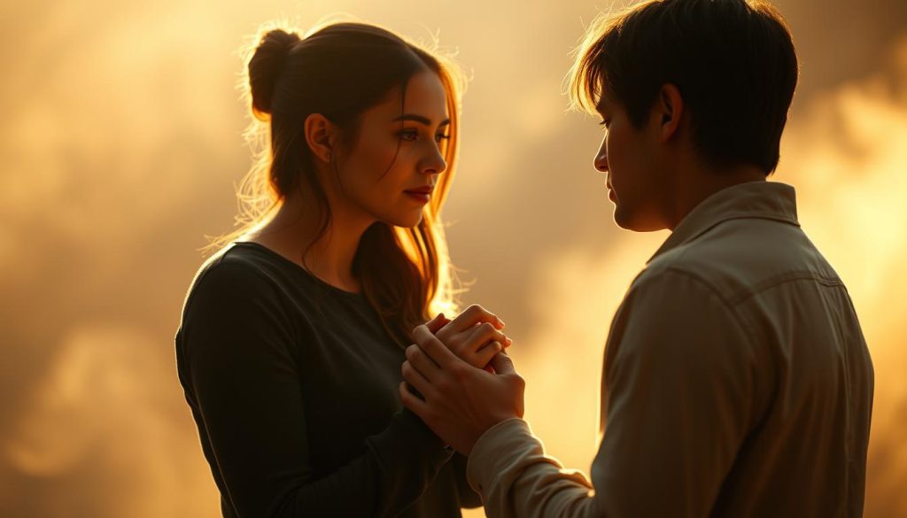 A serene, emotional scene of two people engaged in deep, heartfelt communication. In the foreground, two figures face each other, their expressions earnest and vulnerable, hands clasped as they share an intimate moment. Soft, warm lighting bathes the scene, creating a sense of intimacy and connection. The background is hazy, out of focus, drawing the viewer's attention to the central figures and their emotional exchange. The overall mood is one of vulnerability, understanding, and the healing power of open, honest communication.