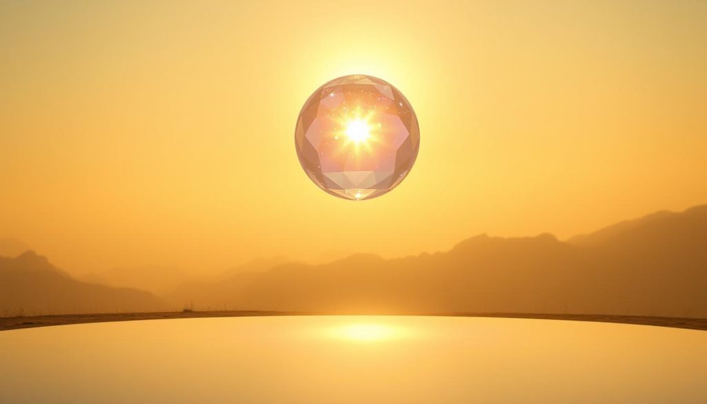 A serene, ethereal landscape bathed in warm, golden light. In the foreground, a glowing, prismatic sphere levitates, pulsing with a vibrant, spiritual energy. The middle ground features a tranquil, reflective pool, mirroring the sphere's luminous aura. In the distance, a hazy, mountainous horizon is shrouded in a soft, mist-like veil, evoking a sense of mystery and the unknown. The overall composition conveys a profound, transcendent atmosphere, inviting the viewer to meditate on the deeper, intangible aspects of the spiritual realm.