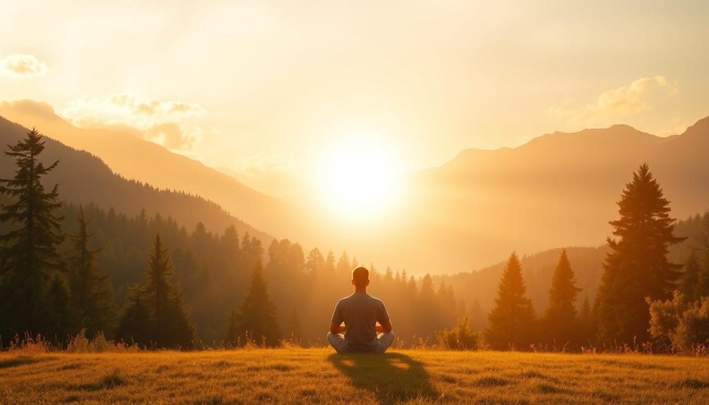 A serene, ethereal landscape depicting the causes of spiritual awakening. In the foreground, a meditating figure sits in a lotus position, radiating an aura of tranquility. Behind them, a glowing orb of light symbolizes the spark of enlightenment. The middle ground features a lush, verdant forest, its trees swaying gently in a soft breeze. In the background, majestic mountains rise up, their peaks touched by wisps of clouds. The scene is bathed in a warm, golden light, creating an atmosphere of introspection and inner transformation. Soft, diffused lighting illuminates the figures and natural elements, evoking a sense of spiritual connection and the unveiling of hidden truths.