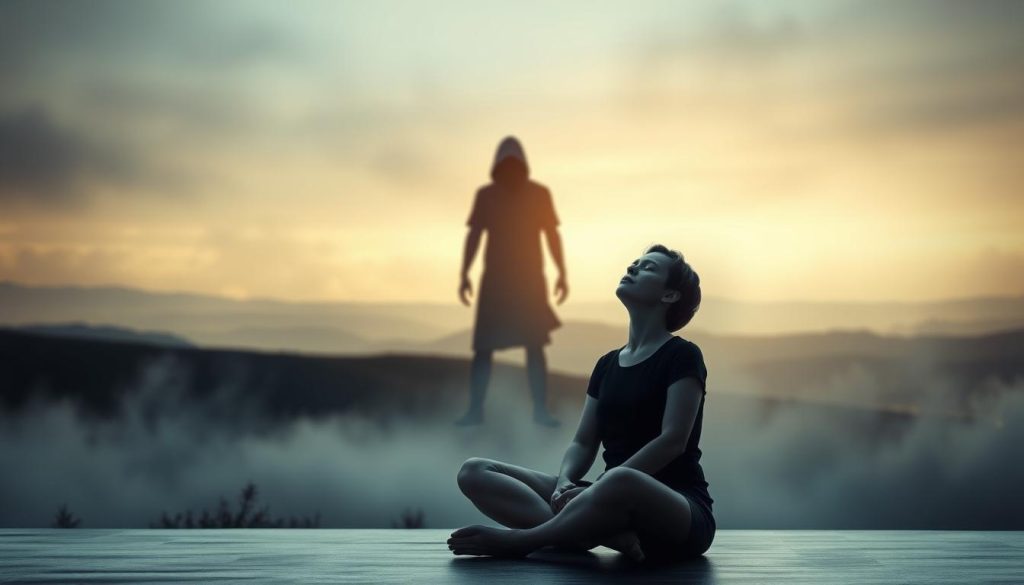 A serene, introspective scene depicting the contrast between intuition and fear. In the foreground, a person sits cross-legged, eyes closed, exuding a sense of calm and inner focus. Soft, warm lighting bathes their face, symbolizing the clarity of intuitive insight. In the middle ground, a shadowy figure lurks, its form obscured by a veil of uncertainty and unease, representing the presence of fear. The background is a dreamlike landscape, blending elements of the natural world - rolling hills, a distant horizon, wispy clouds - to evoke a sense of the subconscious and the realm of intuition. The overall mood is one of contemplation, inviting the viewer to explore the nuances between intuitive wisdom and fear-based thoughts.