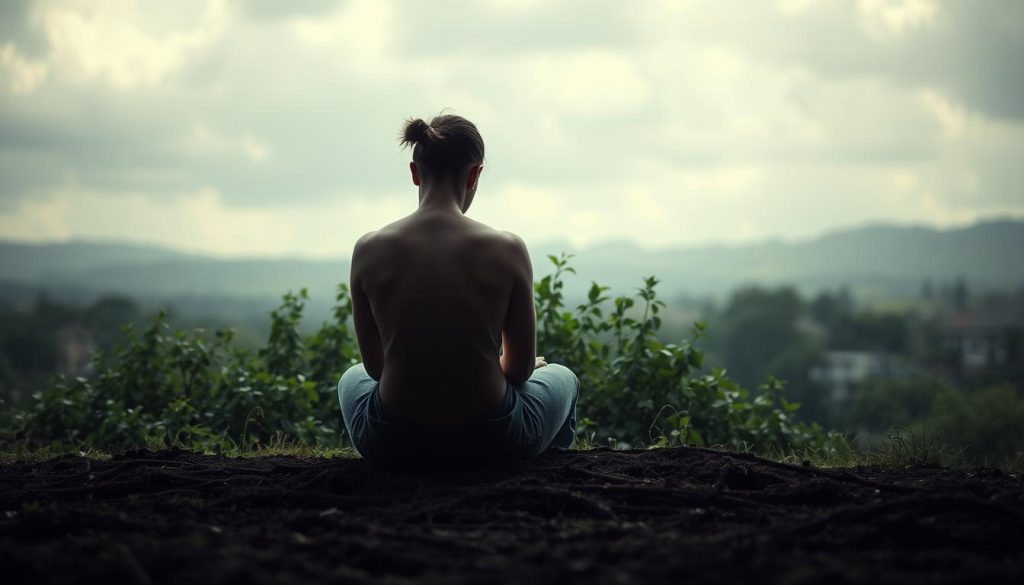 A serene, introspective scene depicting the roots of humiliation's emotional wounds. In the foreground, a pensive figure sits cross-legged, head bowed, hands resting on their lap. Soft, diffused lighting casts a melancholic glow, suggesting a journey of introspection and healing. The middle ground features a lush, overgrown garden, symbolic of the complex emotions and memories that have taken root. In the background, a blurred, dreamlike landscape with cloudy skies and muted colors, conveying a sense of detachment and isolation. The overall mood is one of contemplation, vulnerability, and the gradual process of mending the scars of humiliation.