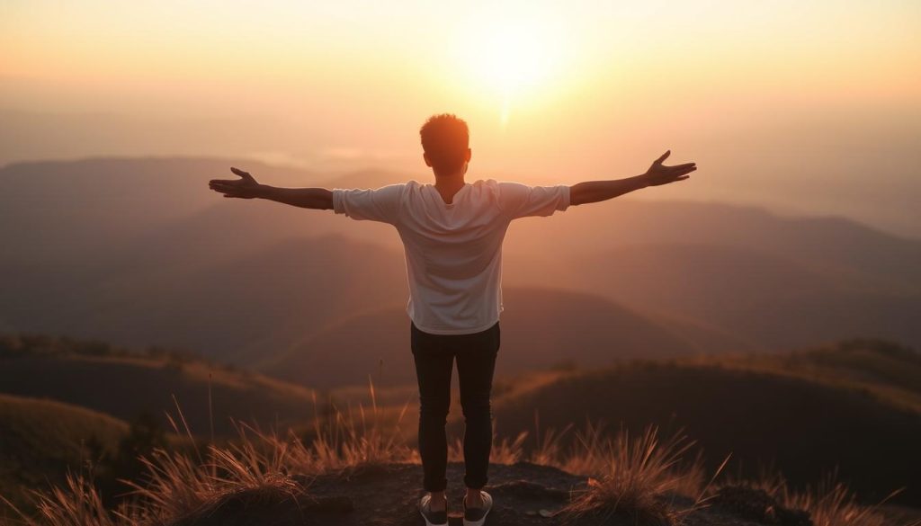 A serene landscape with a person standing on a hilltop, arms outstretched, facing the sun. The person's expression is one of tranquility and inner strength, as they overcome their fears and embrace the power of their intuition. The background is a breathtaking vista of rolling hills and a distant horizon, bathed in warm, golden light. The scene conveys a sense of personal growth, resilience, and the transformative power of facing one's fears head-on. Soft, diffused lighting casts a gentle glow, creating a peaceful, contemplative atmosphere.