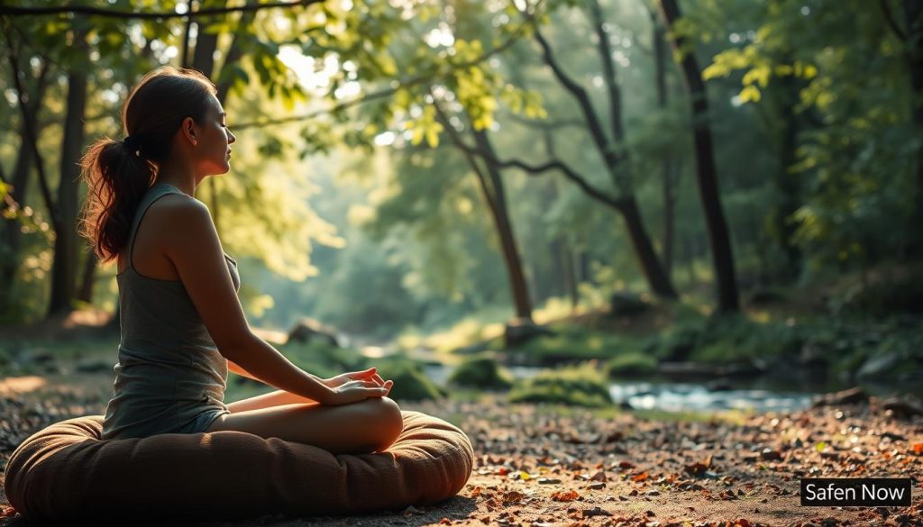 A serene meditation session in a tranquil woodland setting. In the foreground, a person sits cross-legged on a plush, earthy-colored meditation cushion, their eyes closed in deep contemplation. Diffuse, soft lighting filters through the canopy of lush, verdant trees in the middle ground, casting a peaceful glow. In the background, a distant stream gently flows, its soothing sounds echoing through the clearing. An atmosphere of mindfulness, stillness, and spiritual awakening permeates the scene.