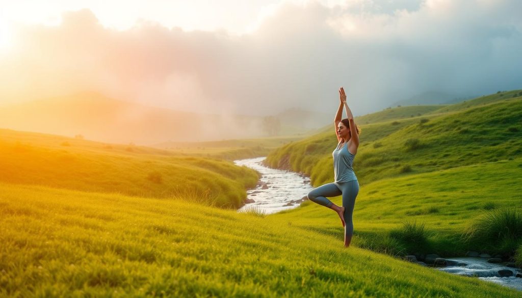 A serene morning scene of a person practicing gentle yoga poses on a lush, green meadow. Warm, natural lighting filters through wispy clouds, casting a soft, ethereal glow. In the background, a small brook flows peacefully, its soothing sounds complementing the tranquil atmosphere. The person's movements are fluid and graceful, embodying a sense of mindfulness and inner balance. The overall composition evokes a feeling of calm, rejuvenation, and a harmonious integration of healthy habits into daily life.