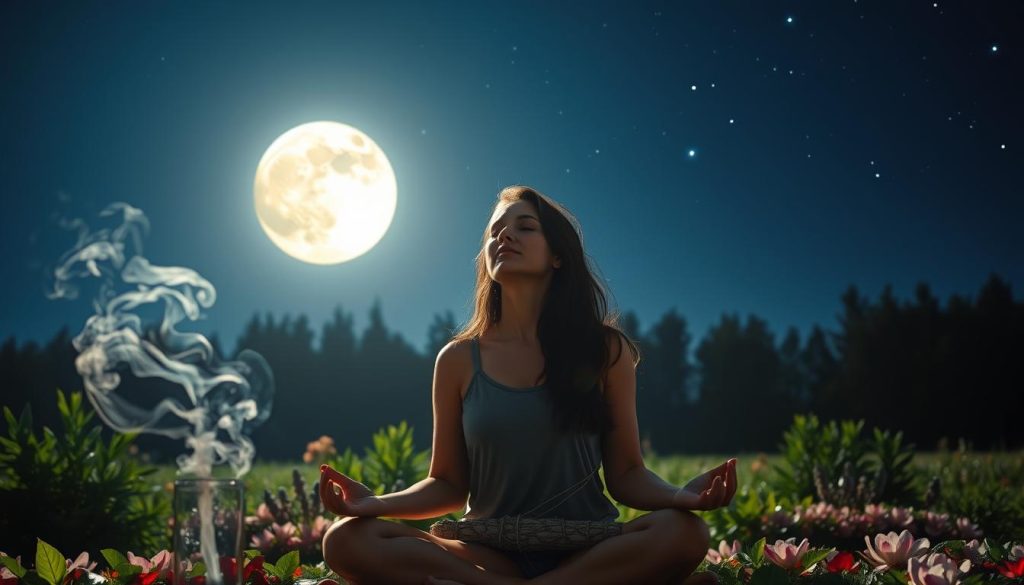 A serene nightscape bathed in the ethereal glow of a full moon. In the foreground, a woman sits in a meditative pose, eyes closed, palms upturned, her expression one of deep contemplation and emotional release. Delicate wisps of smoke curl from a burning sage bundle beside her, filling the air with a calming, earthy aroma. The middle ground features a lush, verdant garden, the leaves and petals gently swaying in a gentle breeze. In the distance, a silhouetted tree line stands tall against the indigo sky, dotted with twinkling stars. The overall mood is one of tranquility, spirituality, and the embrace of the lunar cycle's transformative power.