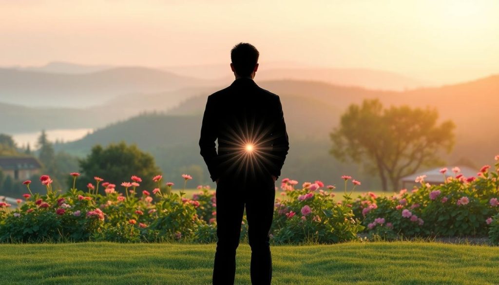 A serene, pastel-hued scene depicting healthy boundaries in relationships. The foreground features two silhouetted figures standing back-to-back, their personal spaces clearly defined by a shimmering energy field that gently pulses with soft, warm light. In the middle ground, a lush garden blooms, its vibrant flowers and verdant foliage symbolizing the growth that can occur when boundaries are respected. The background is a dreamy, ethereal landscape, with rolling hills and a tranquil, mirror-like lake reflecting the peaceful sky above. The overall mood is one of harmony, self-care, and emotional well-being.