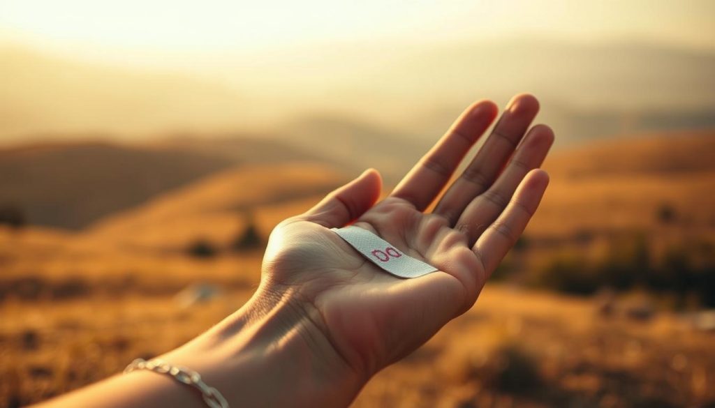 A serene, warm-toned scene depicting the process of healing from the wound of betrayal. In the foreground, a delicate hand gently bandages a subtle gash on the palm, symbolizing the tender care needed to mend broken trust. The middle ground features a tranquil, blurred landscape of rolling hills and a soft, hazy sky, conveying a sense of peace and introspection. Muted earth tones and a diffused, golden lighting evoke a reflective, melancholic atmosphere, as the subject contemplates the journey towards regaining confidence. The overall composition suggests a contemplative, hopeful tone, guiding the viewer through the healing process.