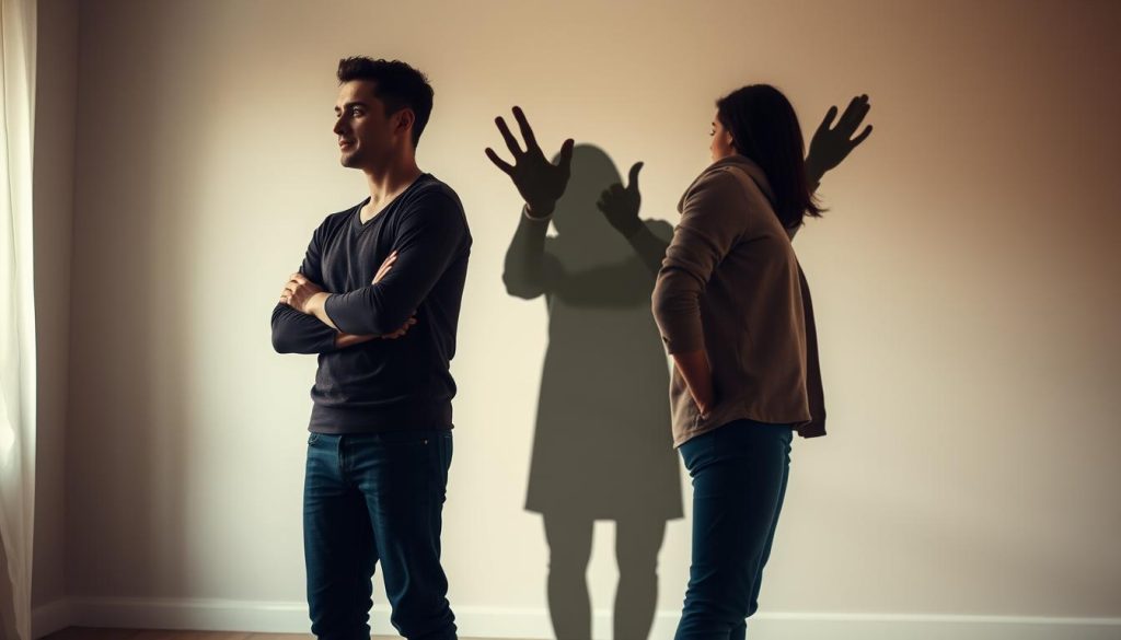 A serene, well-lit scene showcasing the contrast between a healthy relationship and codependency. In the foreground, two individuals stand side by side, their body language and facial expressions radiating mutual respect, trust, and independence. Behind them, a shadowy figure emerges, reaching out with grasping hands, symbolizing the suffocating nature of codependency. The background is a warm, inviting space, with muted tones and soft, diffused lighting, creating an atmosphere of balance and harmony. The image conveys the importance of establishing boundaries, maintaining individual identities, and cultivating a partnership based on genuine connection and support.
