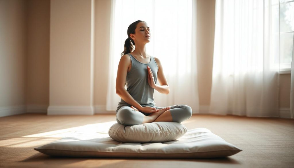 A serene, well-lit studio setting with a person sitting cross-legged on a minimalist meditation cushion, their eyes closed and hands resting gently on their lap. Diffused natural light filters in through large windows, casting soft shadows and creating a calming atmosphere. The person's posture is relaxed yet upright, conveying a sense of focused attention and mindfulness. The background is muted, with soothing, earthy tones to emphasize the subject's central focus on their breathing practice. The overall scene evokes a sense of tranquility, introspection, and the transformative power of conscious breathing.