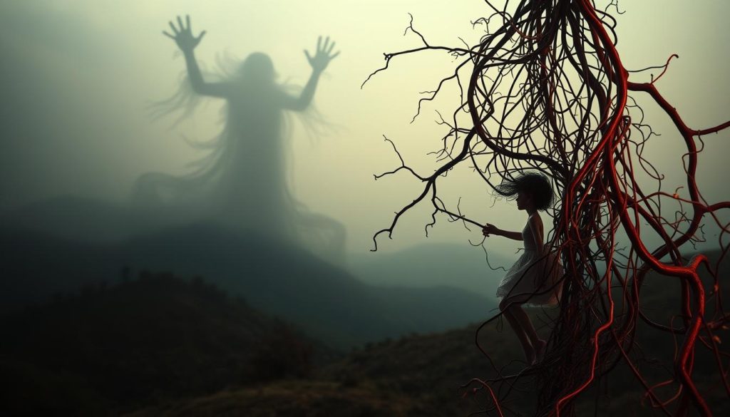 A surreal and emotive scene depicting the impact of codependency on mental and emotional health. In the foreground, a delicate figure appears trapped within a tangled web of vines, symbolizing the entanglement and loss of autonomy. The middle ground features a shadowy, distorted landscape, conveying the distorted perception and emotional turmoil associated with codependency. In the background, a muted, hazy sky suggests a sense of disconnection from one's inner self. Soft, warm lighting illuminates the scene, creating a melancholic and introspective atmosphere. The overall composition evokes a sense of fragility, vulnerability, and the psychological burden of codependent relationships.