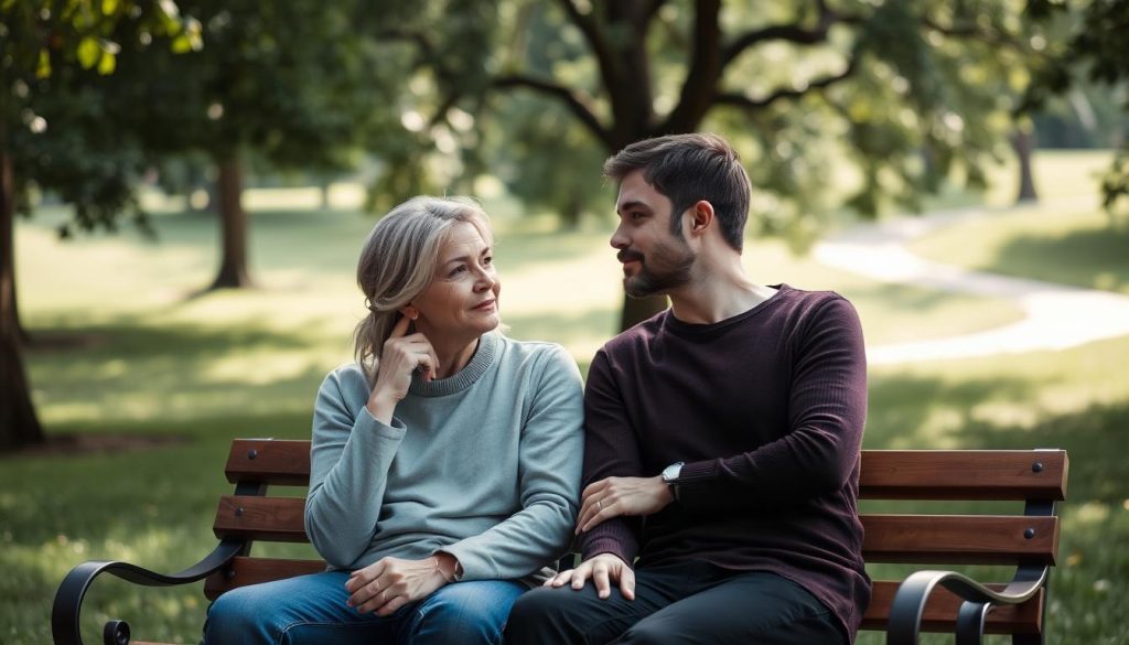 A thoughtful, peaceful couple sitting together on a bench in a tranquil park. The man and woman are making eye contact, conveying a sense of emotional maturity and connection. Soft, natural lighting filters through the trees, creating a warm, inviting atmosphere. The couple's body language suggests a secure, independent dynamic, free from codependency. In the background, a lush, verdant landscape with a winding path enhances the serene, contemplative mood. The scene evokes a sense of emotional stability, self-awareness, and the ability to maintain a healthy, balanced relationship.