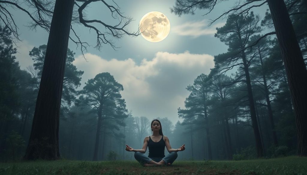 A tranquil full moon casts a soft, silvery glow over a serene forest glade. In the foreground, a person sits cross-legged in a meditative pose, their eyes closed and face serene. Wispy clouds drift overhead, and the air is filled with a sense of calm and introspection. Tall, ancient trees surround the scene, their branches reaching upwards towards the heavens. The overall atmosphere is one of deep, emotional healing and spiritual connection with the lunar cycle. The camera angle is slightly elevated, capturing the scene from an almost ethereal perspective.