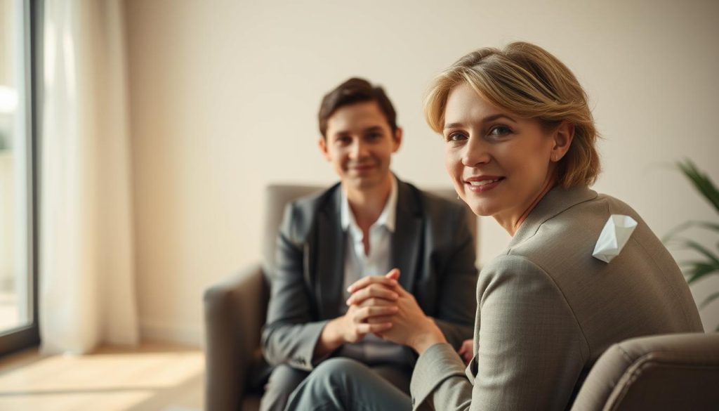 A tranquil office setting, bathed in warm, soft lighting. In the foreground, a professional counselor sits facing the viewer, their expression calm and reassuring. They lean slightly forward, hands clasped, conveying an air of attentive listening. The middle ground features a comfortable armchair and a side table with a box of tissues, hinting at the private, confidential nature of the space. The background is slightly blurred, revealing neutral-toned walls and minimalist decor, creating a sense of serene focus. The overall atmosphere is one of trust, empathy, and the promise of professional guidance to help heal the wounds of humiliation.