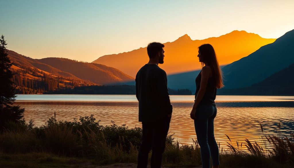 A tranquil outdoor scene, with a serene lake reflecting the golden sunset. In the foreground, two figures stand facing each other, their body language conveying a sense of disconnect and diverging paths. The middle ground features a lush, verdant landscape, symbolizing the growth and harmony they once shared. The background showcases a magnificent mountain range, suggesting the grand, yet unattainable aspirations they no longer align on. Soft, warm lighting bathes the scene, creating an introspective, melancholic atmosphere. The composition emphasizes the stark contrast between the once-united individuals, now drifting apart due to the lack of shared values and life goals.
