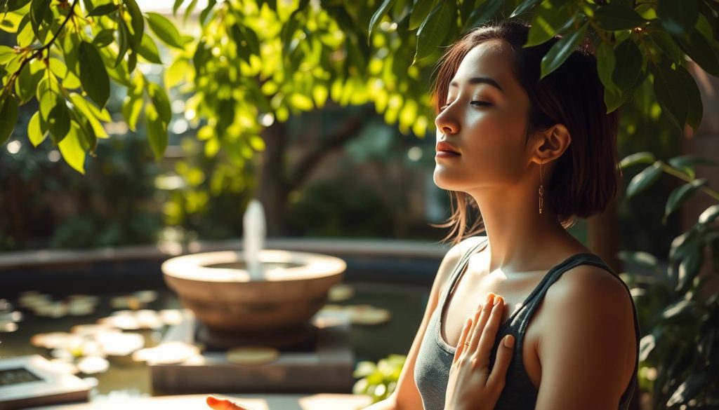 A tranquil scene of a person practicing conscious breathing, seated in a serene garden with lush greenery and a calming water feature in the background. Soft natural lighting filters through the leaves, creating a warm, inviting atmosphere. The individual's eyes are closed, expression serene, as they take slow, measured breaths, embodying the benefits of mindful respiration - improved focus, reduced stress, and enhanced overall well-being. The composition showcases the harmony between the person and their natural surroundings, visually representing the holistic advantages of conscious breathing.