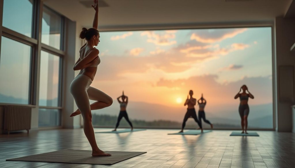 A tranquil yoga studio with soft natural lighting filtering through large windows. In the foreground, a yogi transitions into a graceful asana, their body radiating an ethereal energy. The middle ground features a group of practitioners deeply engaged in their practice, their movements synchronizing with their breath. The background depicts a serene landscape of rolling hills and a vibrant, glowing sky, evoking a sense of elevation and transcendence. The overall atmosphere is one of peaceful focus, spiritual connection, and the transformative power of the body in motion.