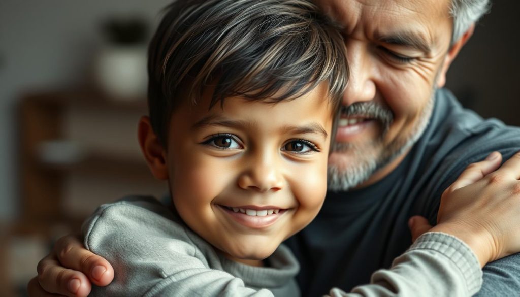 A warm, candid portrait of a parent and child embracing, their faces expressing mutual trust and understanding. The father's hand gently rests on the child's shoulder, conveying a sense of security and guidance. Soft, diffused lighting illuminates their features, creating an atmosphere of intimacy and emotional connection. The background is blurred, focusing attention on the central figures and their bond. The scene radiates a sense of reassurance, reflecting the theme of rebuilding trust between parent and child.