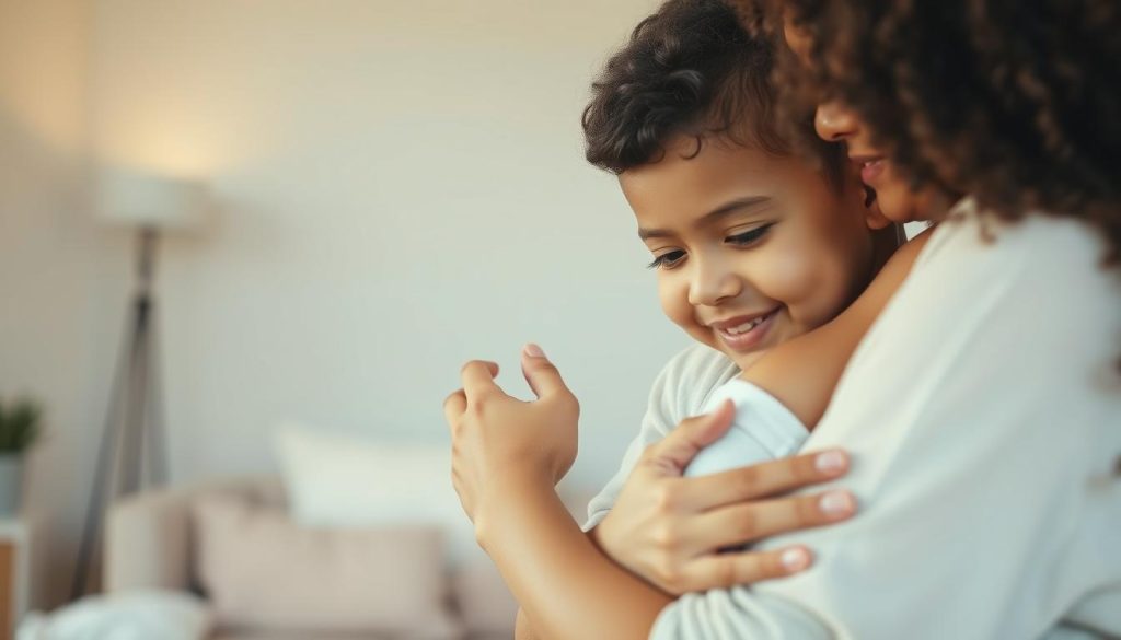 A warm, comforting scene of a parent gently embracing their child, conveying emotional validation and acceptance. The foreground shows the parent's hands tenderly cradling the child's face, their eyes locked in a sincere, loving gaze. The middle ground depicts the parent and child in a soft, intimate hug, their bodies language relaxed and at ease. The background is a serene, pastel-toned interior, with muted colors and soft lighting creating a soothing, nurturing atmosphere. The overall mood is one of unconditional support, empathy, and the reassurance that the child's feelings are heard and respected.