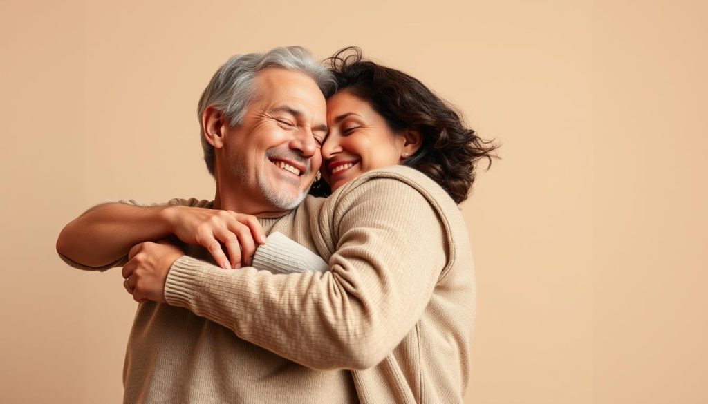 A warm, intimate scene of a couple embracing, their faces radiating emotional maturity and understanding. Soft, natural lighting illuminates their expressions of care and trust, set against a muted, neutral background that allows their connection to take center stage. The couple's body language conveys a sense of emotional security and mutual respect, reflecting the key signs of an emotionally mature partnership.