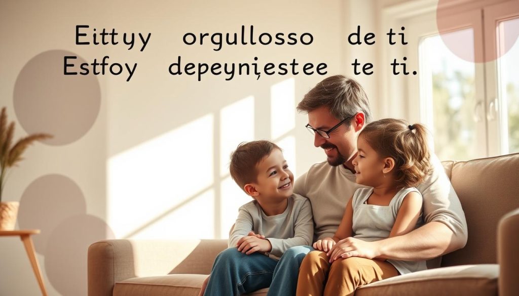 A warm, positive image showcasing the phrase "Estoy orgulloso/a de ti, independientemente de los resultados". Set in a serene, sun-dappled living room, a parent and child sit together on a plush couch, engaged in a heartfelt conversation. The parent's expression is one of unconditional love and encouragement, while the child's face radiates a sense of security and self-worth. Soft, natural lighting filters through large windows, creating a cozy, inviting atmosphere. The background features subtle, abstract shapes and textures that evoke a nurturing, supportive environment. The overall scene conveys a deep, unwavering parental pride that strengthens the child's self-esteem, regardless of their achievements.