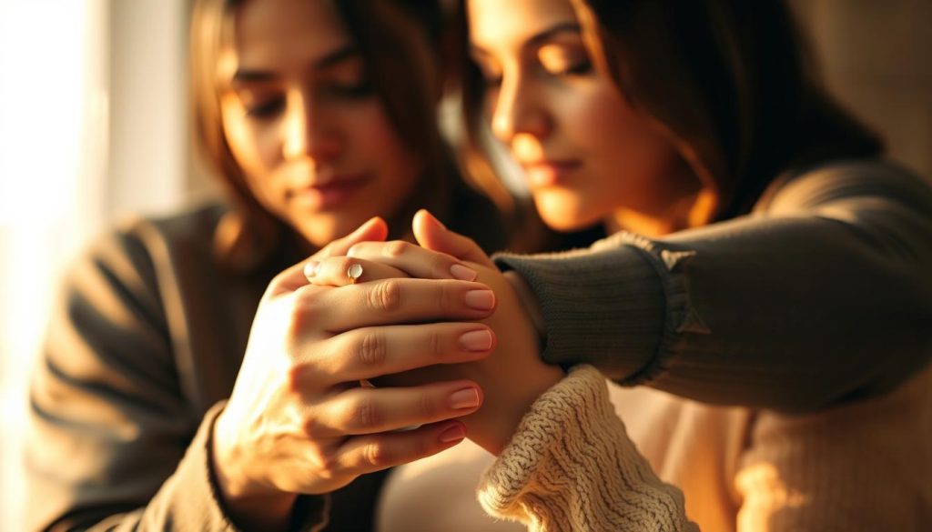 Emotional maturity in a relationship: a serene couple embracing, bathed in warm, natural lighting that highlights their connection. The foreground depicts their tender, interlocked hands, symbolizing trust and vulnerability. In the middle ground, their faces reflect a calm, centered demeanor, conveying a sense of emotional control and self-awareness. The background is a softly blurred, tranquil setting, evoking a peaceful, introspective atmosphere. The overall scene suggests a balanced, emotionally mature partnership built on mutual respect and responsibility.