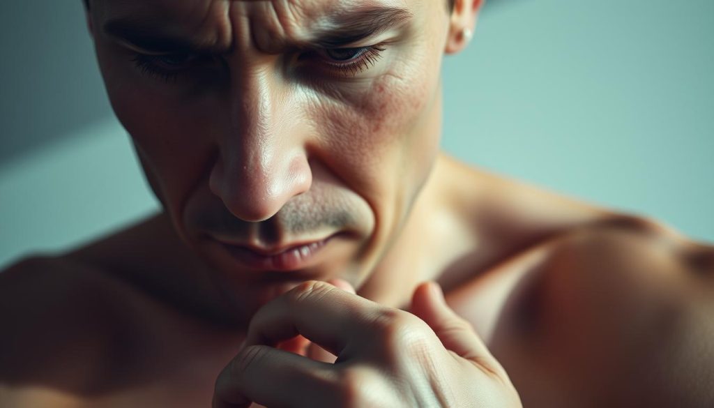 Realistic close-up view of a person's torso and head, gently illuminated by soft, natural lighting. The subject's expression conveys a sense of restlessness and unease, with subtle furrows in the brow and a slight frown. Subtle details like tense muscles, fidgeting hands, and dark circles under the eyes suggest the physical manifestations of anxiety, such as fatigue, tension, and hyperarousal. The background is blurred, keeping the focus on the subject's face and body language. The overall mood is contemplative and introspective, reflecting the quiet, internal nature of the anxiety experience.